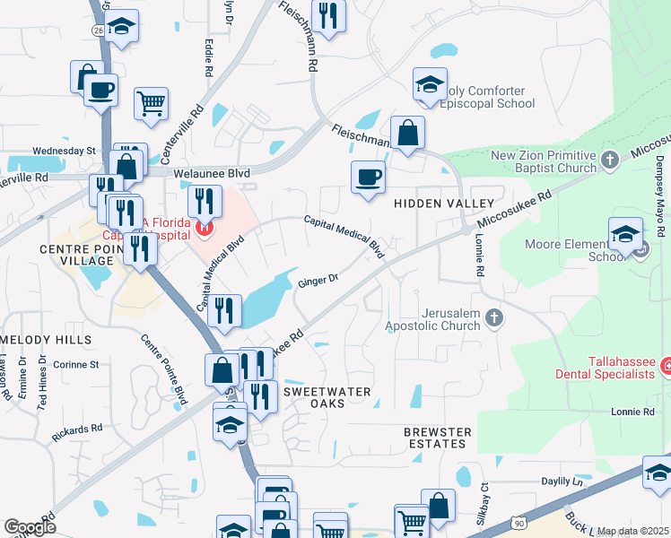 map of restaurants, bars, coffee shops, grocery stores, and more near 3204 Ginger Drive in Tallahassee