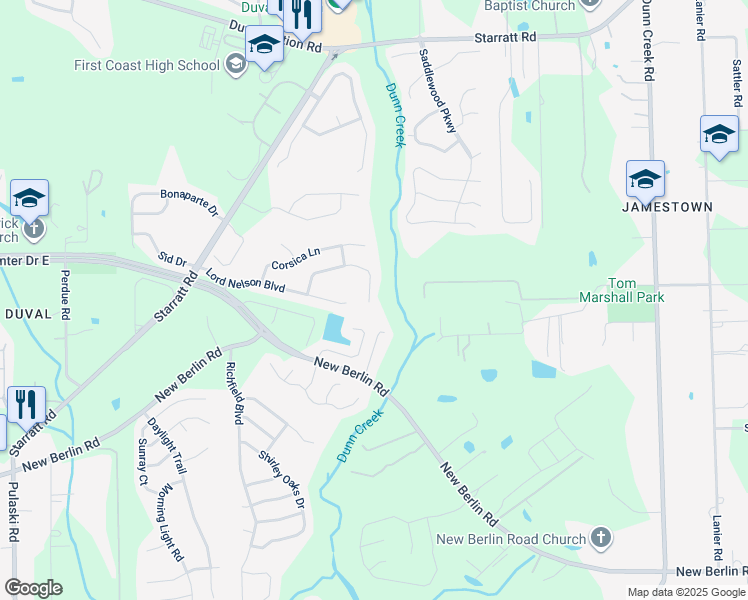 map of restaurants, bars, coffee shops, grocery stores, and more near 13148 Notre Dame Lane in Jacksonville