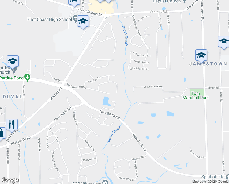map of restaurants, bars, coffee shops, grocery stores, and more near 13149 Notre Dame Lane in Jacksonville