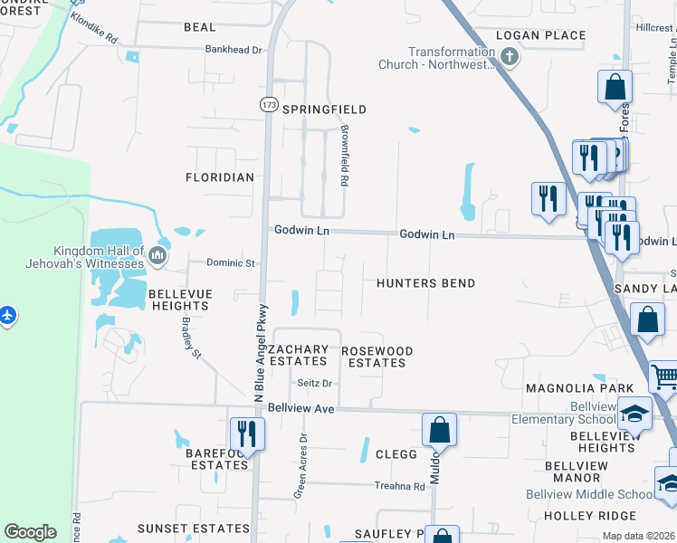 map of restaurants, bars, coffee shops, grocery stores, and more near 6329 Apple Ridge Circle in Pensacola