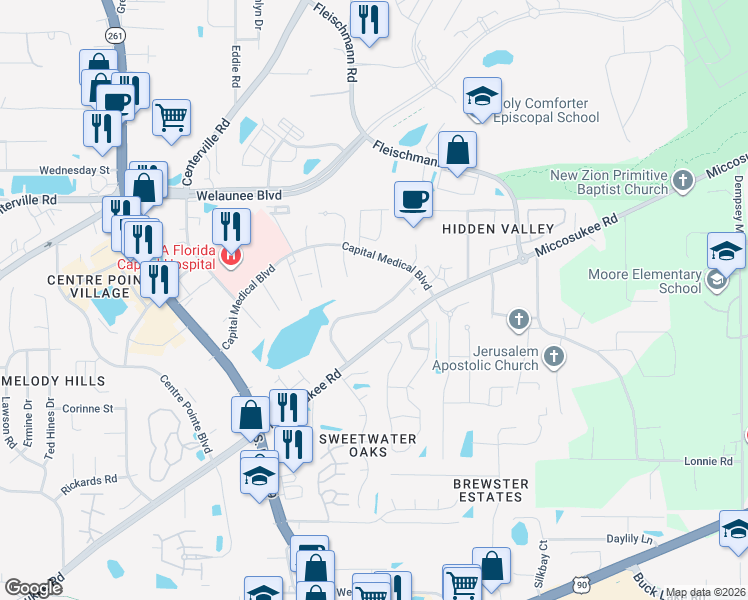 map of restaurants, bars, coffee shops, grocery stores, and more near 3204 Ginger Drive in Tallahassee