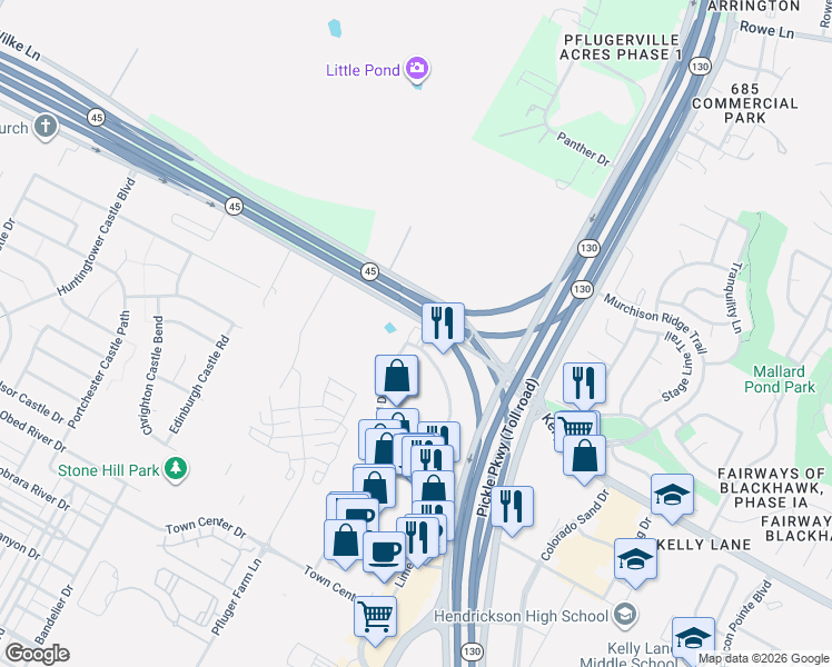 map of restaurants, bars, coffee shops, grocery stores, and more near 19000 Limestone Commercial Drive in Pflugerville