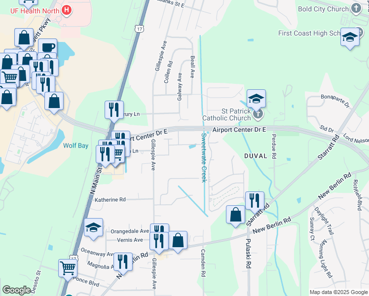 map of restaurants, bars, coffee shops, grocery stores, and more near 13129 Gillespie Avenue in Jacksonville