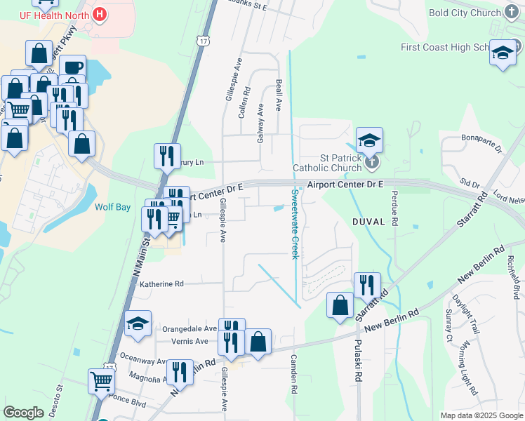 map of restaurants, bars, coffee shops, grocery stores, and more near 13129 Gillespie Avenue in Jacksonville