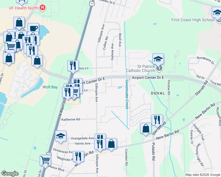 map of restaurants, bars, coffee shops, grocery stores, and more near 13129 Gillespie Avenue in Jacksonville
