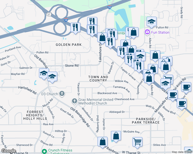 map of restaurants, bars, coffee shops, grocery stores, and more near 928 Redbud Avenue in Tallahassee