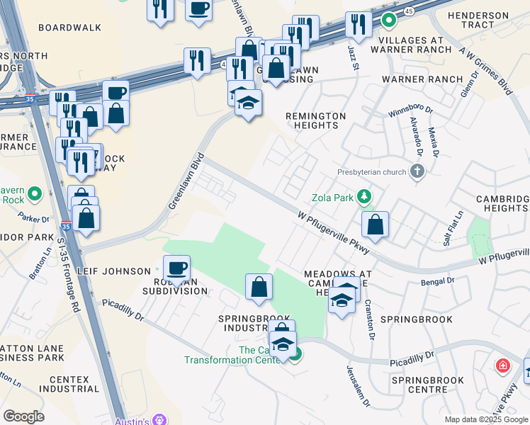 map of restaurants, bars, coffee shops, grocery stores, and more near 2401 West Pflugerville Parkway in Round Rock