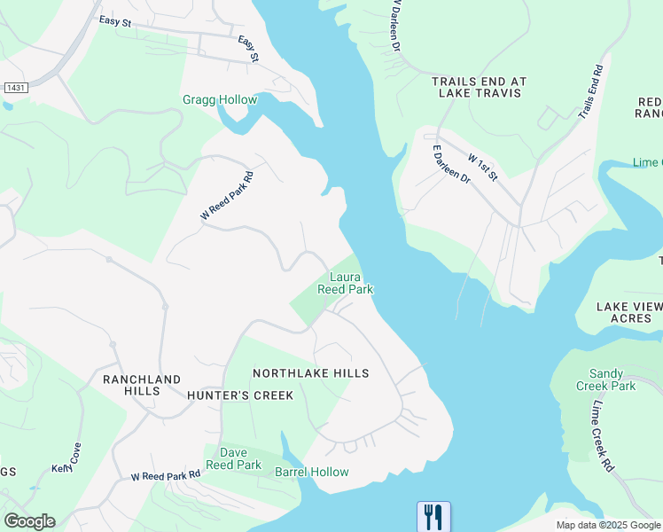 map of restaurants, bars, coffee shops, grocery stores, and more near 17535 West Reed Park Road in Jonestown