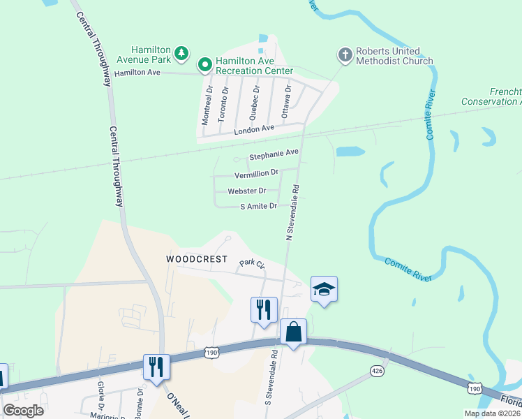 map of restaurants, bars, coffee shops, grocery stores, and more near 16738 South Amite Drive in Baton Rouge