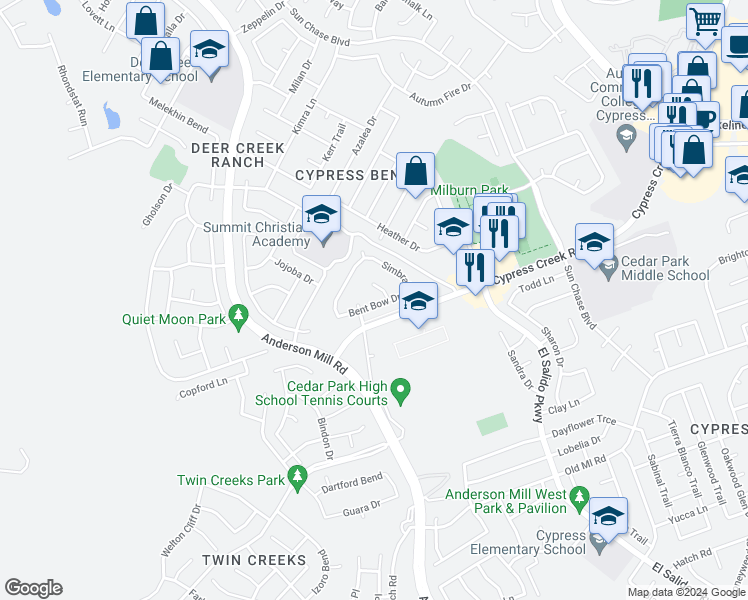 map of restaurants, bars, coffee shops, grocery stores, and more near 2213 Bent Bow Drive in Cedar Park