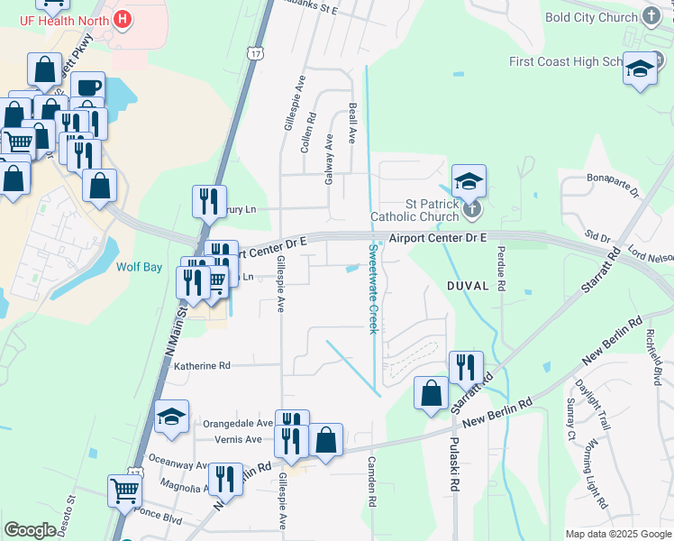 map of restaurants, bars, coffee shops, grocery stores, and more near 13129 Gillespie Avenue in Jacksonville