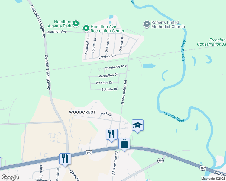 map of restaurants, bars, coffee shops, grocery stores, and more near 16738 South Amite Drive in Baton Rouge