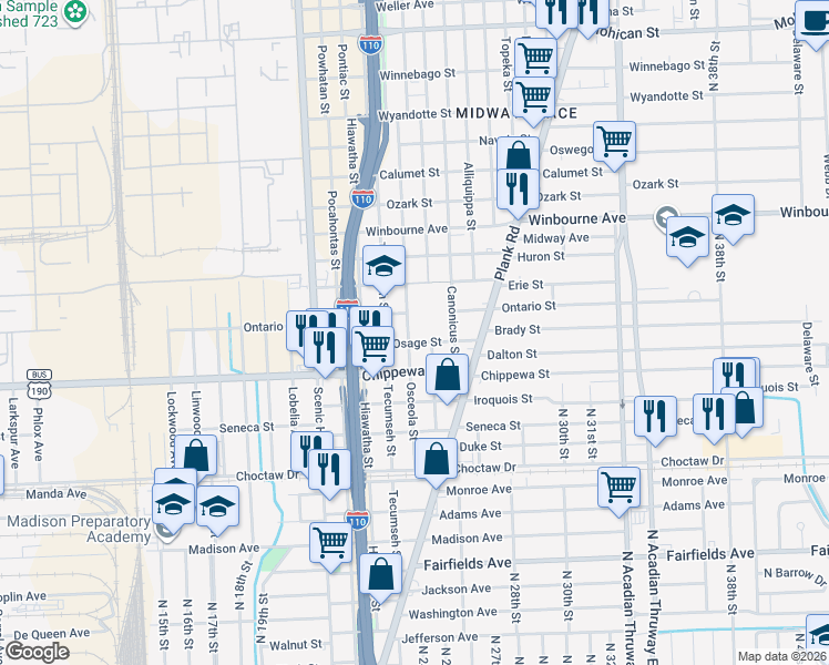 map of restaurants, bars, coffee shops, grocery stores, and more near 2494 Osage Street in Baton Rouge