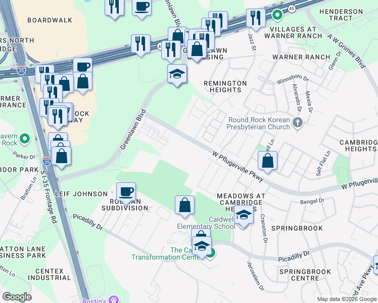 map of restaurants, bars, coffee shops, grocery stores, and more near 2401 West Pflugerville Parkway in Round Rock