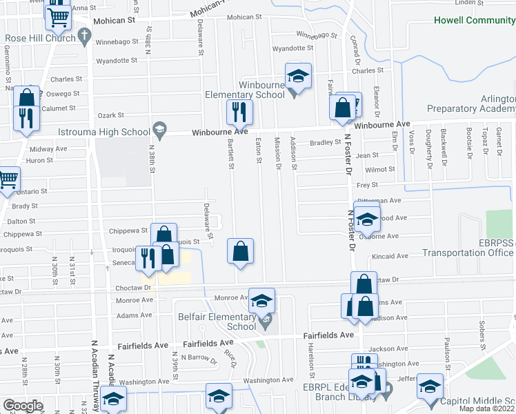 map of restaurants, bars, coffee shops, grocery stores, and more near 2875 Eaton Street in Baton Rouge