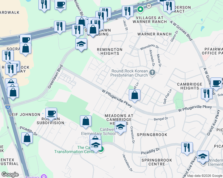 map of restaurants, bars, coffee shops, grocery stores, and more near 2013 Ebony Dove Street in Round Rock