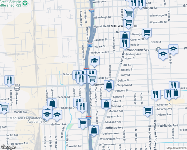 map of restaurants, bars, coffee shops, grocery stores, and more near 2860 Tecumseh Street in Baton Rouge
