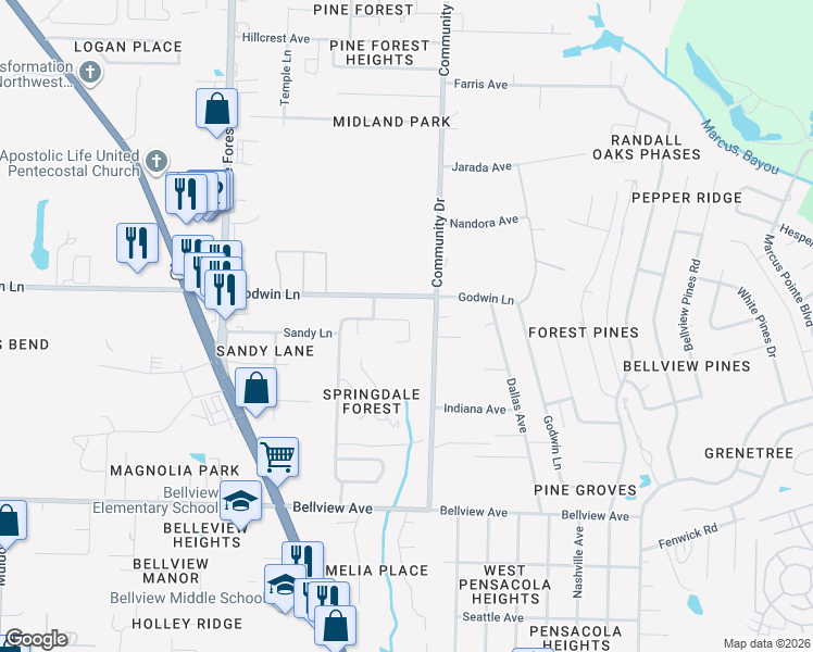 map of restaurants, bars, coffee shops, grocery stores, and more near 1235 Simpson Street in Pensacola