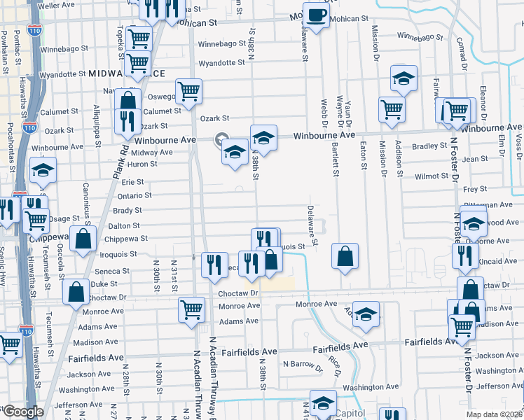 map of restaurants, bars, coffee shops, grocery stores, and more near 3834 Dalton Street in Baton Rouge