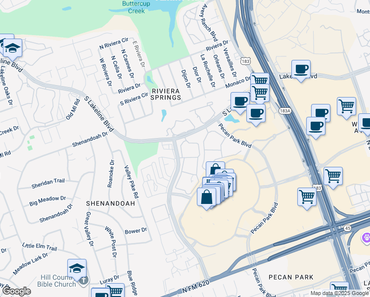 map of restaurants, bars, coffee shops, grocery stores, and more near 2801 South Lakeline Boulevard in Cedar Park