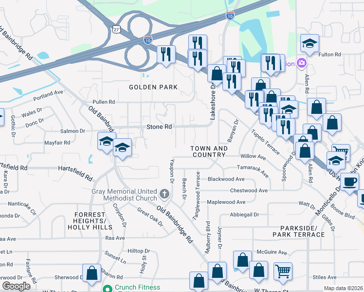 map of restaurants, bars, coffee shops, grocery stores, and more near 1014 Redbud Avenue in Tallahassee