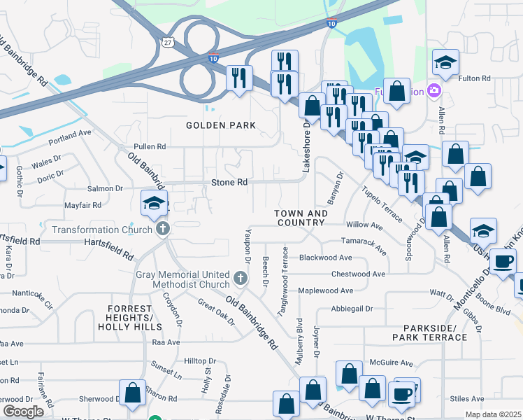 map of restaurants, bars, coffee shops, grocery stores, and more near 2366 Gregory Drive in Tallahassee