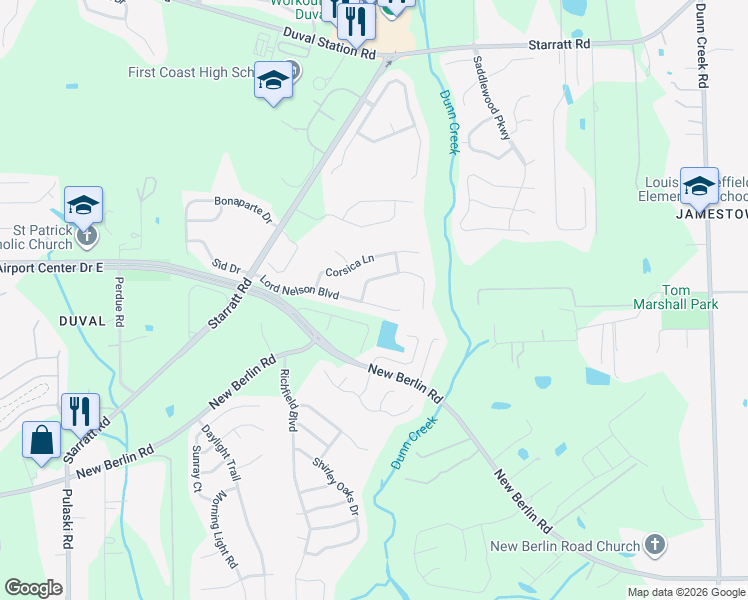map of restaurants, bars, coffee shops, grocery stores, and more near 889 Lord Nelson Boulevard in Jacksonville
