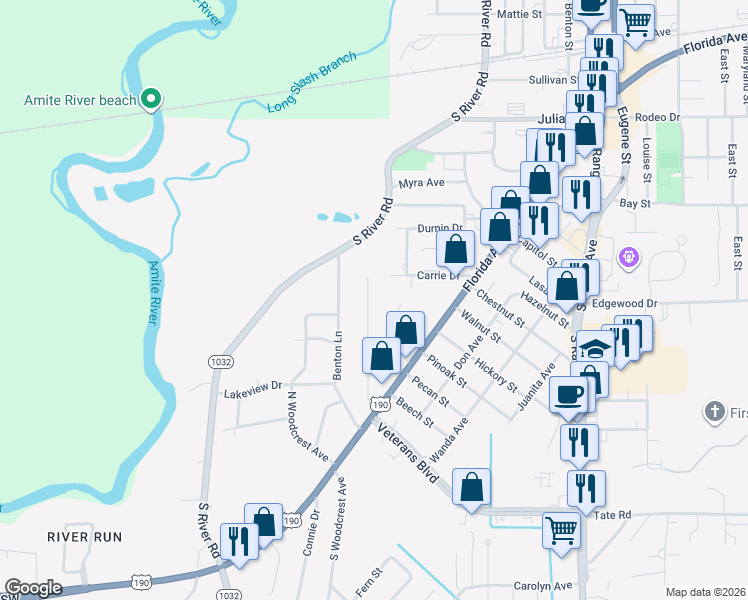 map of restaurants, bars, coffee shops, grocery stores, and more near 1225 Kline Street in Denham Springs