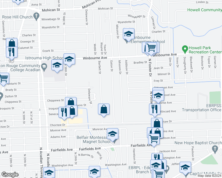 map of restaurants, bars, coffee shops, grocery stores, and more near 2911 Eaton Street in Baton Rouge