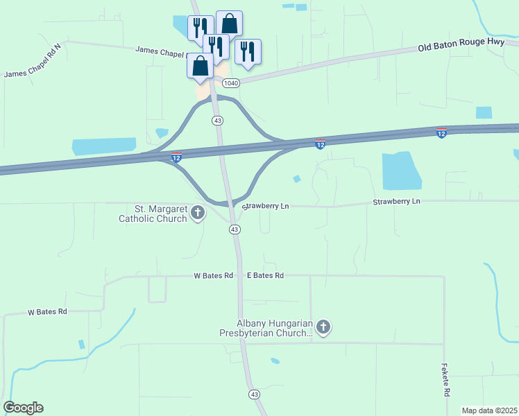 map of restaurants, bars, coffee shops, grocery stores, and more near 30547 Strawberry Lane in Hammond