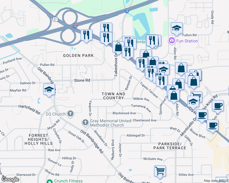 map of restaurants, bars, coffee shops, grocery stores, and more near 2419 Ramblewood Court in Tallahassee