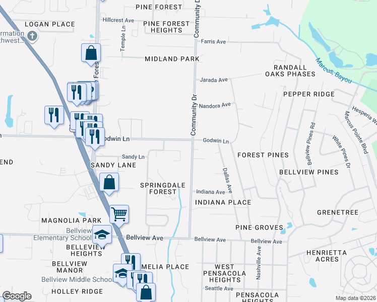map of restaurants, bars, coffee shops, grocery stores, and more near 3001 Godwin Lane in Pensacola