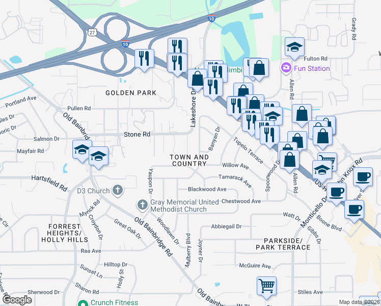 map of restaurants, bars, coffee shops, grocery stores, and more near 2419 Ramblewood Court in Tallahassee