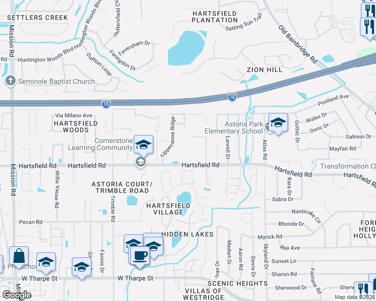 map of restaurants, bars, coffee shops, grocery stores, and more near 2428 Hartsfield Road in Tallahassee