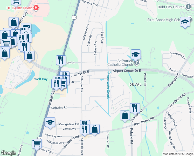 map of restaurants, bars, coffee shops, grocery stores, and more near 13129 Gillespie Avenue in Jacksonville