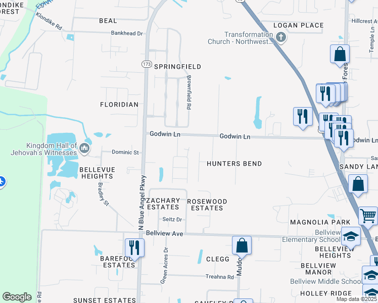 map of restaurants, bars, coffee shops, grocery stores, and more near 3565 Godwin Lane in Bellview