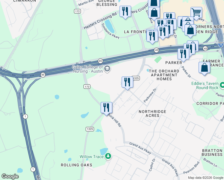 map of restaurants, bars, coffee shops, grocery stores, and more near 16304 Farm to Market Road 1325 in Austin