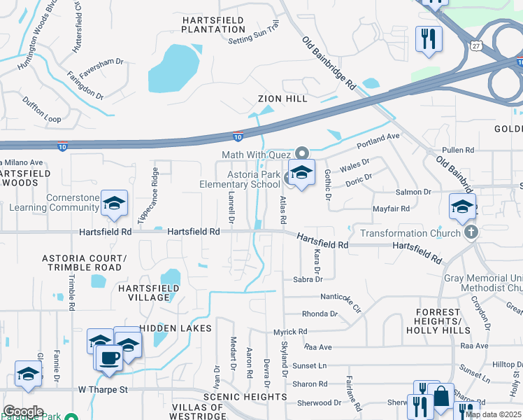 map of restaurants, bars, coffee shops, grocery stores, and more near 2438 Nugget Lane in Tallahassee