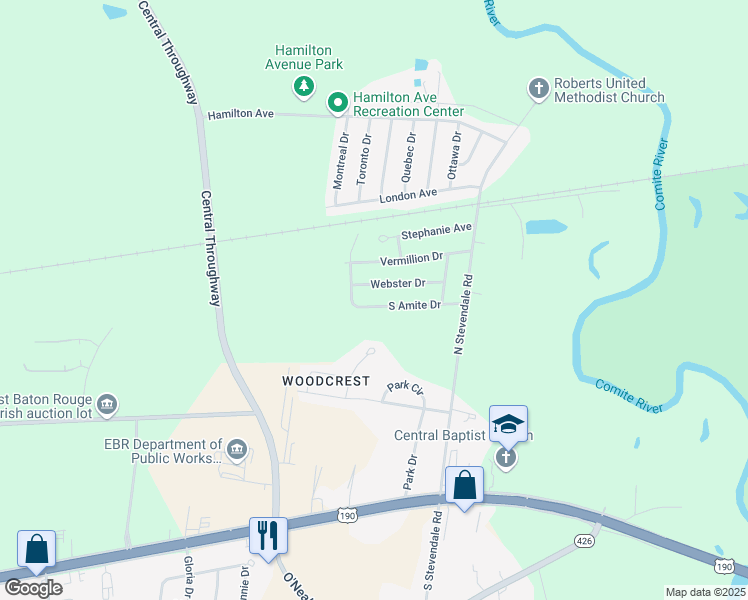 map of restaurants, bars, coffee shops, grocery stores, and more near 16479 South Amite Drive in Baton Rouge