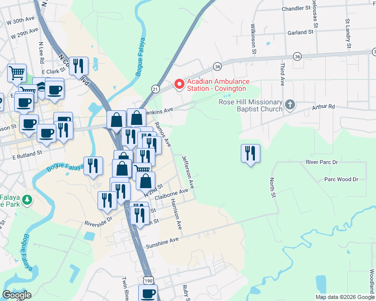 map of restaurants, bars, coffee shops, grocery stores, and more near 71558 Jefferson Ave in Covington