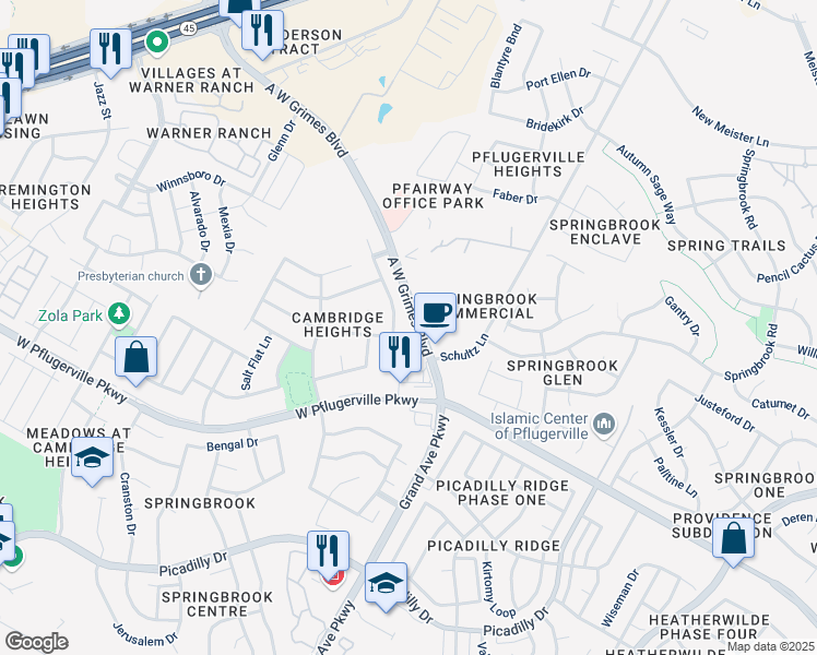map of restaurants, bars, coffee shops, grocery stores, and more near 17709 Quitman Mountain Way in Round Rock