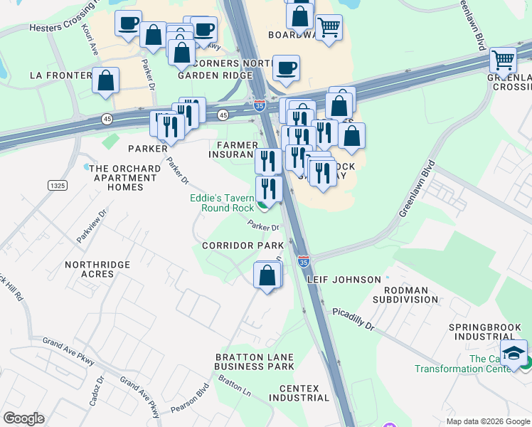 map of restaurants, bars, coffee shops, grocery stores, and more near 100 Parker Drive in Austin