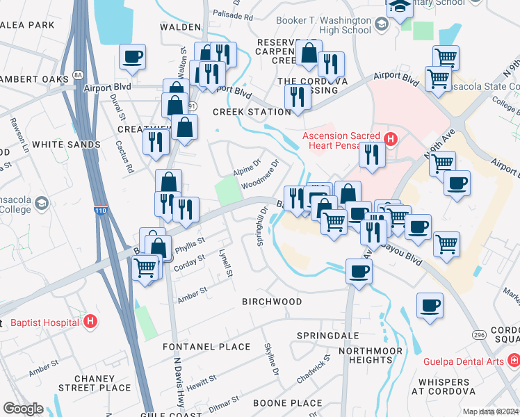 map of restaurants, bars, coffee shops, grocery stores, and more near 5251 Springhill Drive in Pensacola