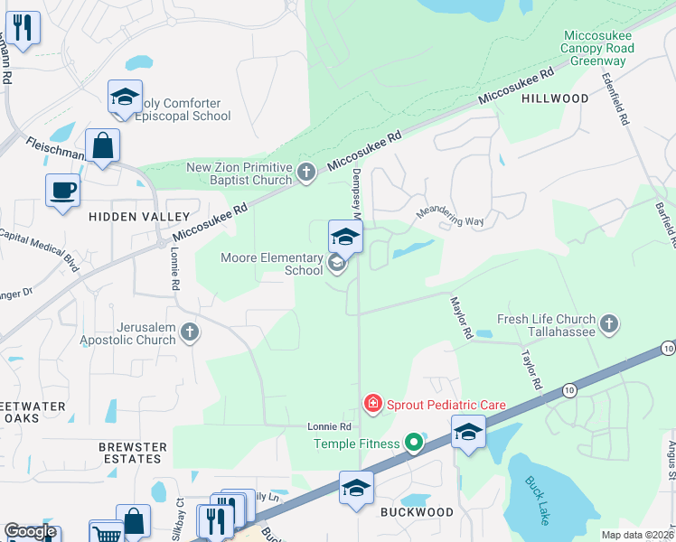 map of restaurants, bars, coffee shops, grocery stores, and more near 1706 Dempsey Mayo Road in Tallahassee