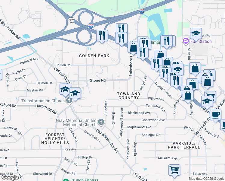 map of restaurants, bars, coffee shops, grocery stores, and more near 2478 Wren Hollow Drive in Tallahassee