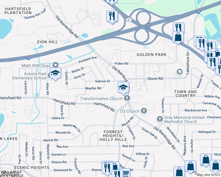 map of restaurants, bars, coffee shops, grocery stores, and more near 2422 Willamette Road in Tallahassee