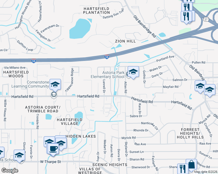 map of restaurants, bars, coffee shops, grocery stores, and more near 2444 Talco Hills Drive in Tallahassee