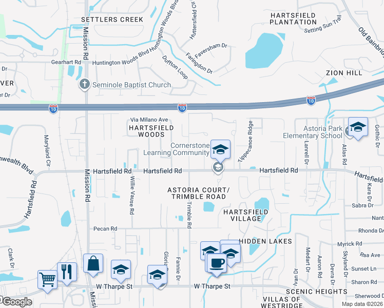 map of restaurants, bars, coffee shops, grocery stores, and more near 2316 Trimble Road in Tallahassee