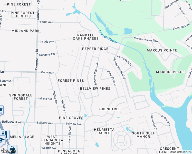 map of restaurants, bars, coffee shops, grocery stores, and more near 6634 Bellview Pines Road in Pensacola