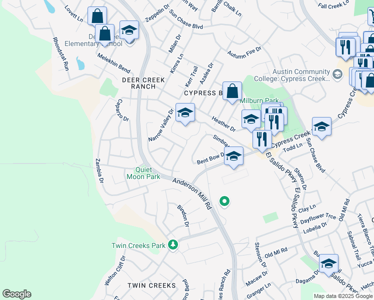 map of restaurants, bars, coffee shops, grocery stores, and more near 2400 Drifting Leaf Drive in Cedar Park
